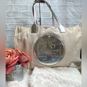 Tory Burch Tan and Silver Tote Bag